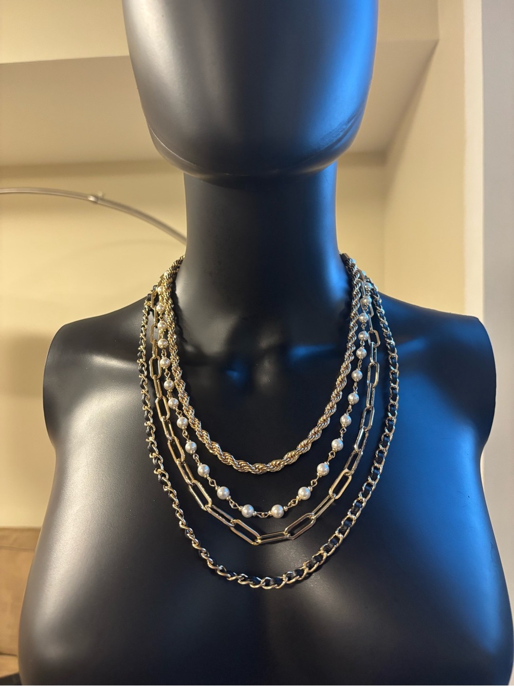 Gold Multi-Strand Chain & Pearl Statement Necklace 4 in 1- Women Jewelry